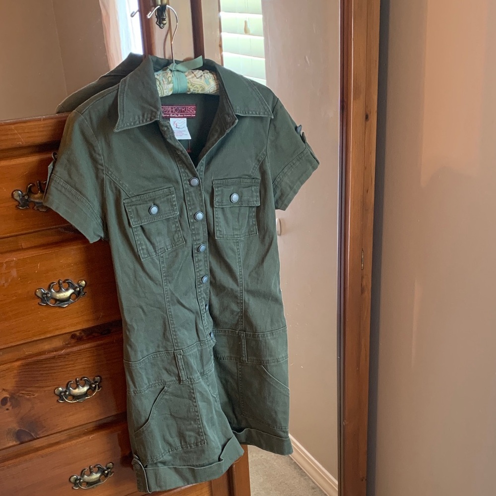 HOT KISS Olive Green Short-Sleeve Utility Romper Shorts
